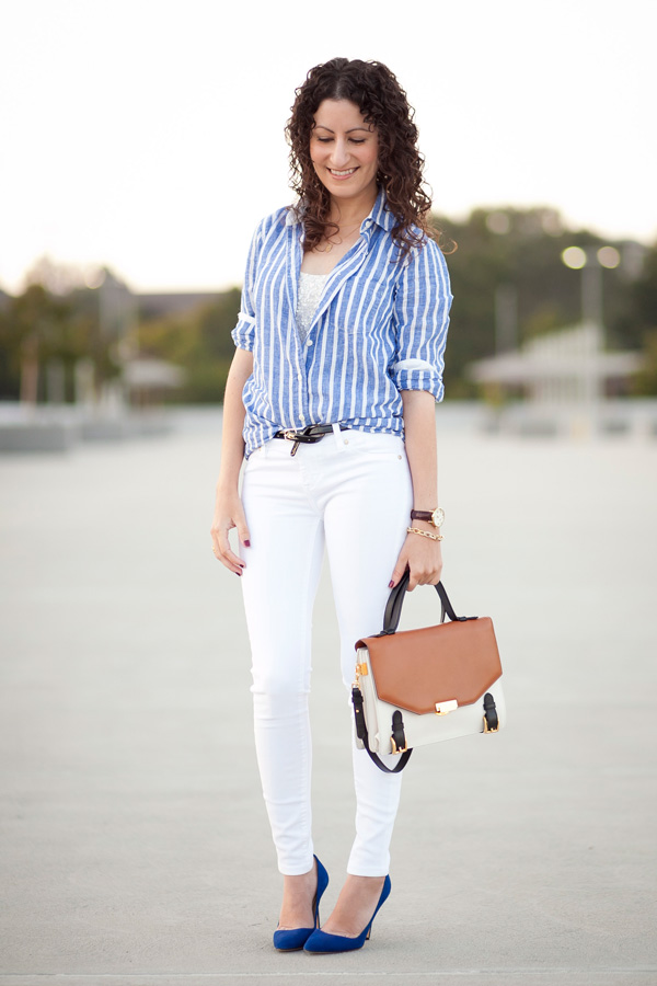 Striped Linen & Hemmed Skinny Jeans