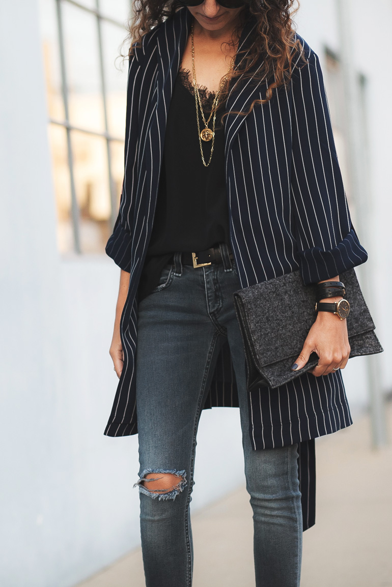 Outfit featuring a pinstripe drape jacket by Aritzia that's the perfect length for petites.